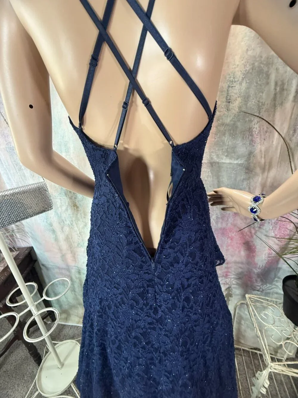 📌BCX Romantic Floral Lace Navy Blue w/Glitter Formal - Prom - Bridesmaid Dress - Picture 11 of 16